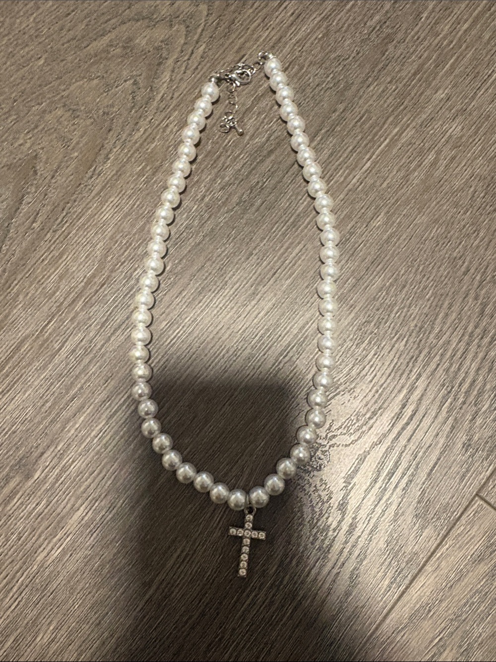 Pearl Bead Necklace with Rhinestone Cross Pendant - White